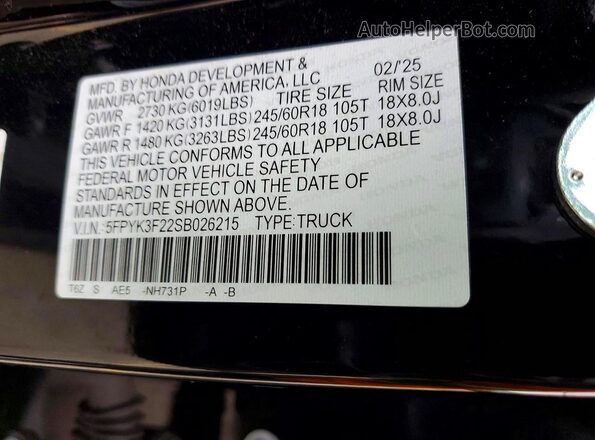5FPYK3F22SB026215 2025 HONDA RIDGELINE Черный Вид наклейки с VIN-кодом