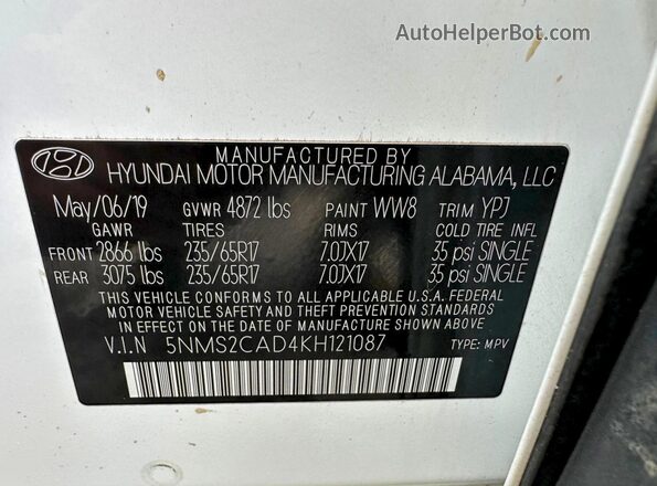 5NMS2CAD4KH121087 2019 HYUNDAI SANTA White Vista interior trasera