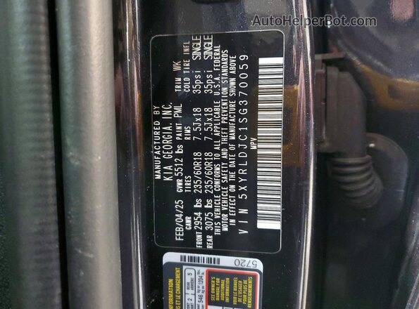 5XYRLDJC1SG370059 2025 KIA SORENTO Black Вид наклейки з VIN-кодом