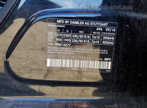 WDCTG4EB3HJ321489 2017 MERCEDES-BENZ GLA Черный Панорамный вид салона 360°