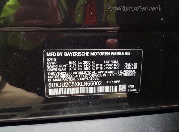 5UXJU2C5XKLN66002 2019 BMW X5 Черный Панорамный вид салона 360°