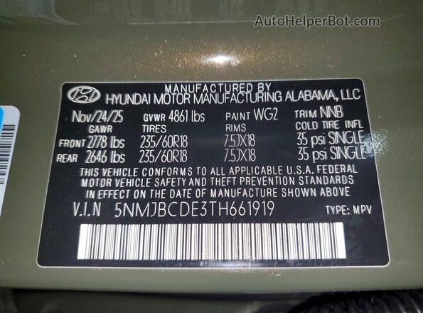 5NMJBCDE3TH661919 2026 HYUNDAI TUCSON Зеленый Вид наклейки с VIN-кодом