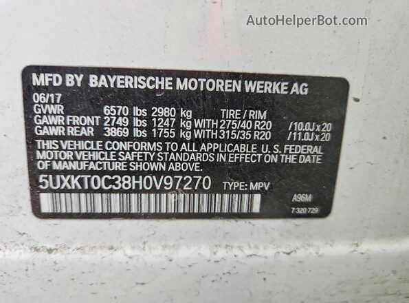 5UXKT0C38H0V97270 2017 BMW X5 Белый Панорамный вид салона 360°