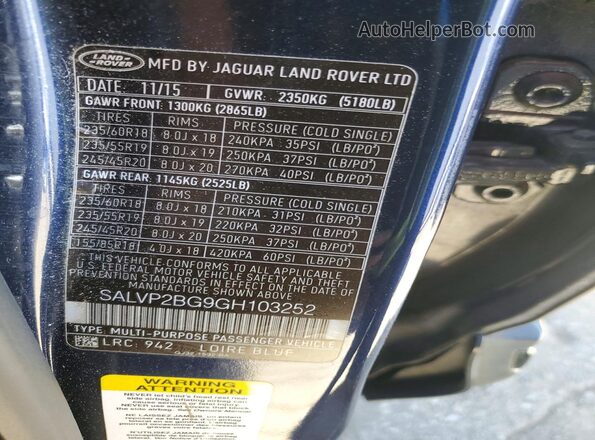 SALVP2BG9GH103252 2016 LAND ROVER RANGE Синий Вид наклейки с VIN-кодом