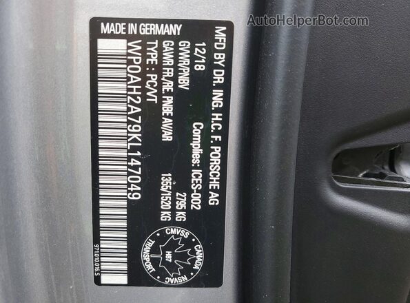 WP0AH2A79KL147049 2019 PORSCHE PANAMERA Серебряный Вид наклейки с VIN-кодом