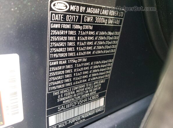 SALWR2FV5HA143605 2017 LAND ROVER RANGE Серый Панорамный вид салона 360°