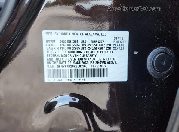 5FNYF7H20KB005266 2019 HONDA PASSPORT Black VIN կոդի պիտակի տեսք