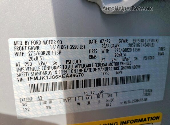 1FMJK1J86SEA46670 2025 FORD EXPEDITION Серый Панорамный вид салона 360°