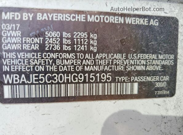 WBAJE5C30HG915195 2017 BMW OTHER Белый Вид наклейки с VIN-кодом