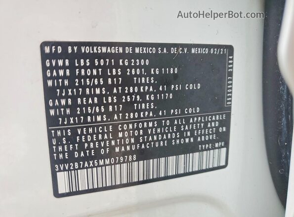 3VV2B7AX5MM079788 2021 VOLKSWAGEN TIGUAN Белый Панорамный вид салона 360°