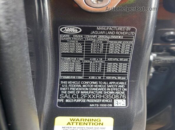SALCL2FXXRH350876 2024 LAND ROVER DISCOVERY Gray VIN კოდის სტიკერის ხედი