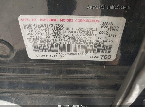 JA4AD2A3XGZ016719 2016 MITSUBISHI OUTLANDER Черный Вид подкапотного пространства