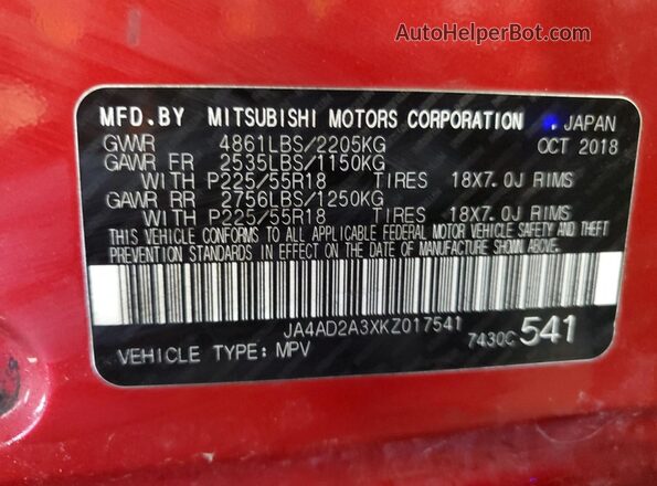 JA4AD2A3XKZ017541 2019 MITSUBISHI OUTLANDER Красный Вид наклейки с VIN-кодом