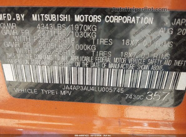 JA4AP3AU4LU005745 2020 MITSUBISHI OUTLANDER SPORT Оранжевый Вид подкапотного пространства