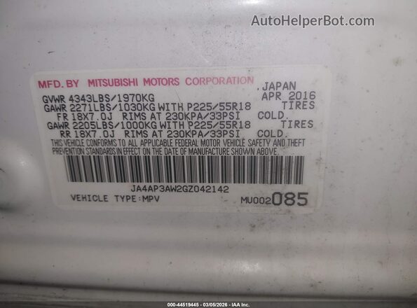JA4AP3AW2GZ042142 2016 MITSUBISHI OUTLANDER SPORT Белый Вид подкапотного пространства