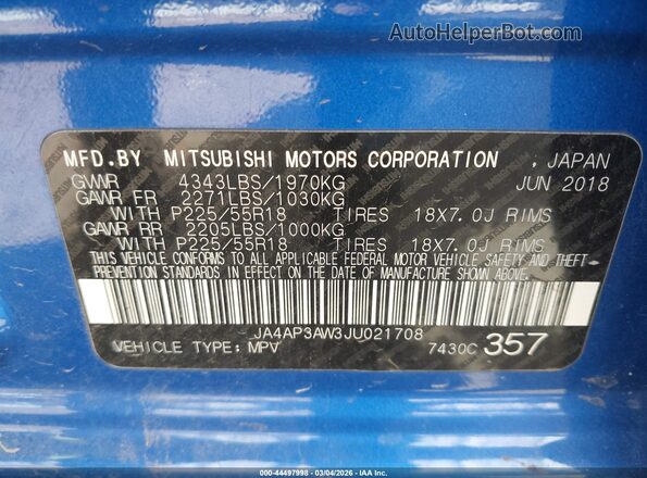 JA4AP3AW3JU021708 2018 MITSUBISHI OUTLANDER SPORT Blue Vista del compartimento del motor