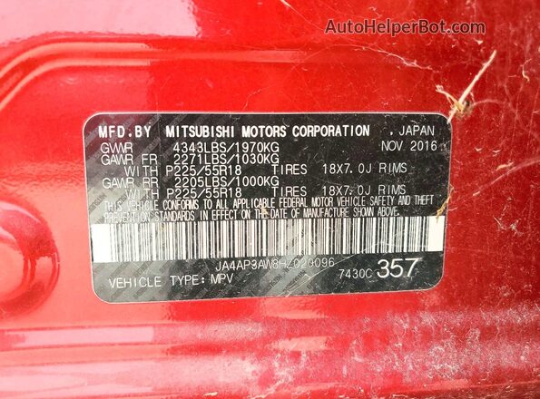 JA4AP3AW8HZ020096 2017 MITSUBISHI OUTLANDER Red VIN sticker view