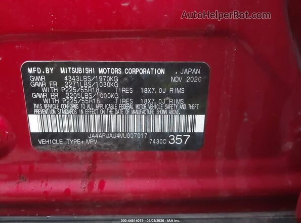 JA4APUAU4MU007017 2021 MITSUBISHI OUTLANDER SPORT Red Շարժիչի բաժամունքի տեսք