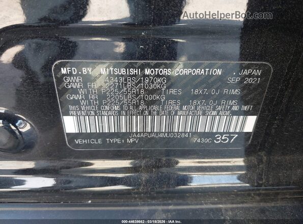 JA4APUAU4MU032841 2021 MITSUBISHI OUTLANDER SPORT Черный Вид подкапотного пространства