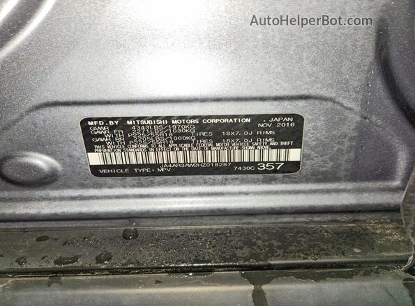 JA4AR3AW2HZ018287 2017 MITSUBISHI OUTLANDER Gray Widok naklejki z numerem VIN