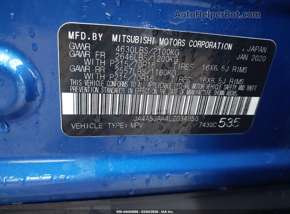 JA4AS3AA4LZ034850 2020 MITSUBISHI ECLIPSE CROSS Blue Вид підкапотного простору