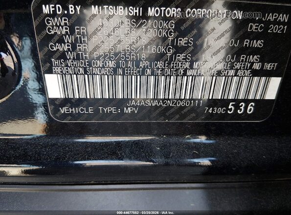 JA4ASWAA2NZ060111 2022 MITSUBISHI ECLIPSE CROSS Черный Вид подкапотного пространства