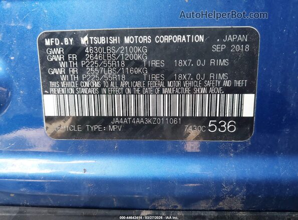 JA4AT4AA3KZ011061 2019 MITSUBISHI ECLIPSE CROSS Синий Вид подкапотного пространства