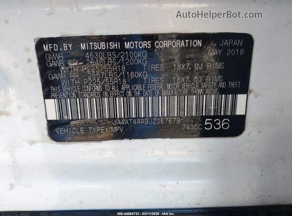 JA4AT4AA9JZ067679 2018 MITSUBISHI ECLIPSE CROSS Белый Вид подкапотного пространства