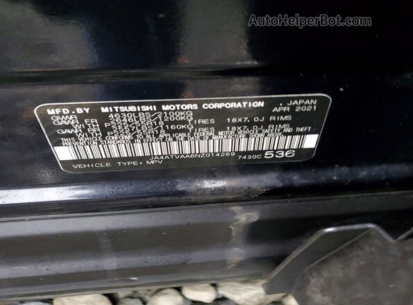 JA4ATVAA6NZ014269 2022 MITSUBISHI ECLIPSE Black Вид наклейки з VIN-кодом