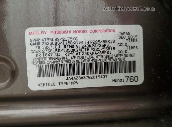 JA4AZ3A37GZ019407 2016 MITSUBISHI OUTLANDER Коричневый Вид наклейки с VIN-кодом
