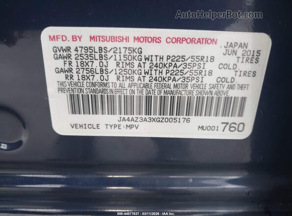 JA4AZ3A3XGZ005176 2016 MITSUBISHI OUTLANDER Dark Blue Вид подкапотного пространства