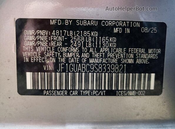 JF1GUABC9S8339821 2025 SUBARU IMPREZA Серебряный Вид наклейки с VIN-кодом