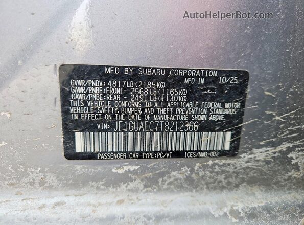 JF1GUAFC7T8212366 2026 SUBARU IMPREZA Серебряный Вид наклейки с VIN-кодом