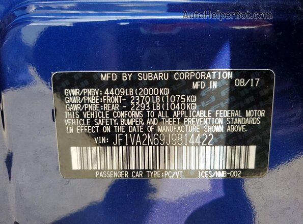 JF1VA2N69J9814422 2018 SUBARU WRX Blue Widok naklejki z numerem VIN