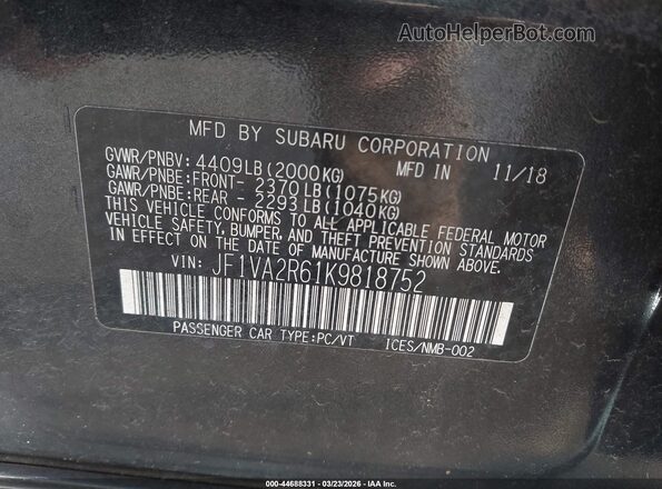 JF1VA2R61K9818752 2019 SUBARU WRX STI Серый Вид подкапотного пространства
