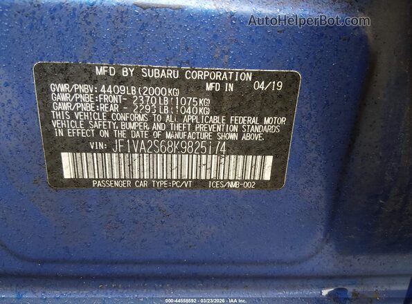 JF1VA2S68K9825174 2019 SUBARU WRX STI Blue ძრავის განყოფილების ხედი