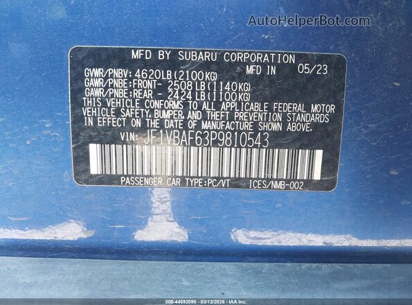JF1VBAF63P9810543 2023 SUBARU WRX Синий Вид подкапотного пространства