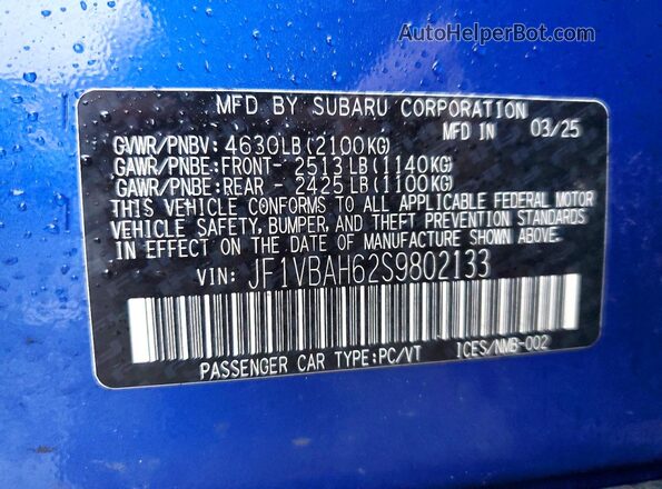 JF1VBAH62S9802133 2025 SUBARU WRX Синий Вид подкапотного пространства