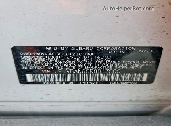 JF1VBAN65R8817505 2024 SUBARU WRX Белый Вид подкапотного пространства