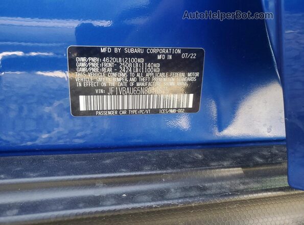 JF1VBAU65N8016875 2022 SUBARU WRX Синий Вид наклейки с VIN-кодом