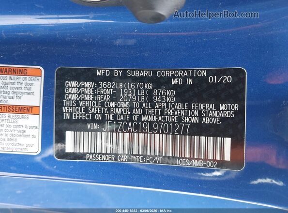 JF1ZCAC19L9701277 2020 SUBARU BRZ Blue Vista del compartimento del motor