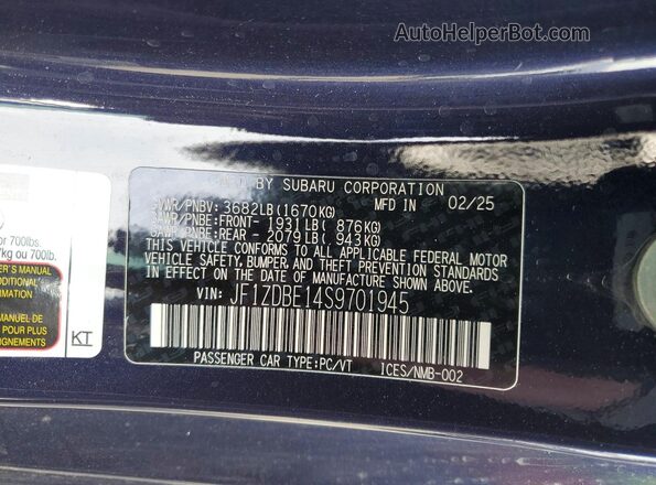 JF1ZDBE14S9701945 2025 SUBARU BRZ Синий Вид наклейки с VIN-кодом