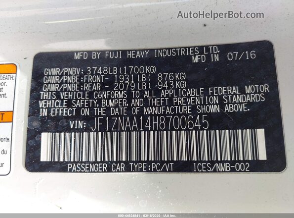 JF1ZNAA14H8700645 2017 TOYOTA 86 White Engine compartment view