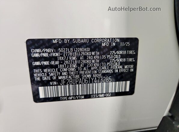 JF2BUPAD6TY473285 2026 SUBARU OUTBACK Белый Вид наклейки с VIN-кодом
