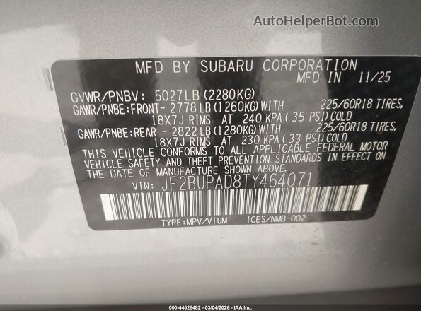 JF2BUPAD8TY464071 2026 SUBARU OUTBACK Silver Engine compartment view