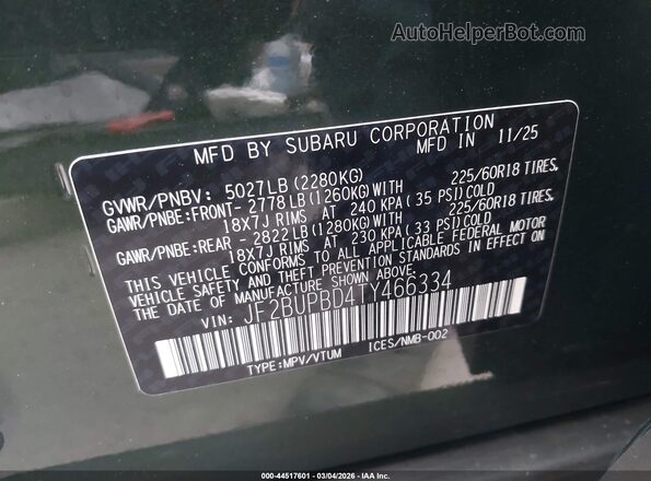 JF2BUPBD4TY466334 2026 SUBARU OUTBACK Green Widok komory silnika