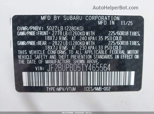 JF2BUPBD5TY465564 2026 SUBARU OUTBACK Белый Вид подкапотного пространства