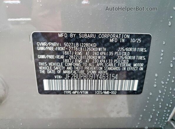JF2BUPBD9TY463154 2026 SUBARU OUTBACK Gray Vista de la etiqueta del VIN
