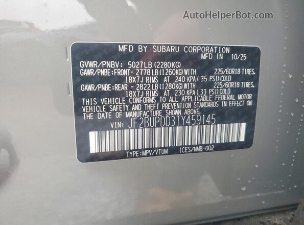 JF2BUPDD3TY459145 2026 SUBARU OUTBACK Серый Вид наклейки с VIN-кодом