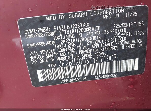 JF2BURGD3TY471903 2026 SUBARU OUTBACK Red Engine compartment view